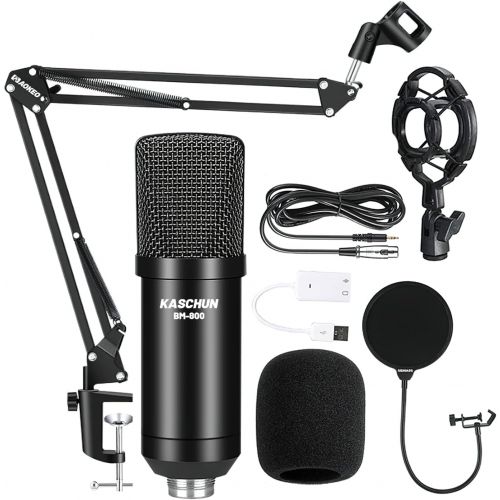  N\A USB Condenser Microphone, 48KHZ/16Bit Professional Computer PC Podcast Cardioid Metal Mic Kit with Sound Card Arm Shock Mount Pop Filter, for Recording, Gaming, Studio, YouTube