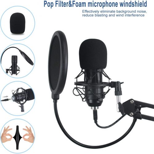  N\A USB Condenser Microphone, 48KHZ/16Bit Professional Computer PC Podcast Cardioid Metal Mic Kit with Sound Card Arm Shock Mount Pop Filter, for Recording, Gaming, Studio, YouTube