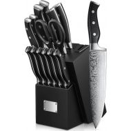 N\C Knife Set, 14PCS Stainless Steel Self Sharpening Kitchen Knife Wooden Block Set, Chef Knife, Paring Knife, Utility Knife, Bread Knife, Steak Knife Set, Black