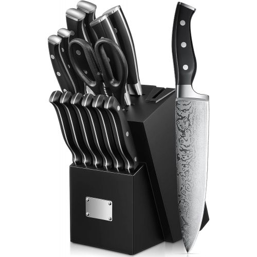  N\C Knife Set, 14PCS Stainless Steel Self Sharpening Kitchen Knife Wooden Block Set, Chef Knife, Paring Knife, Utility Knife, Bread Knife, Steak Knife Set, Black