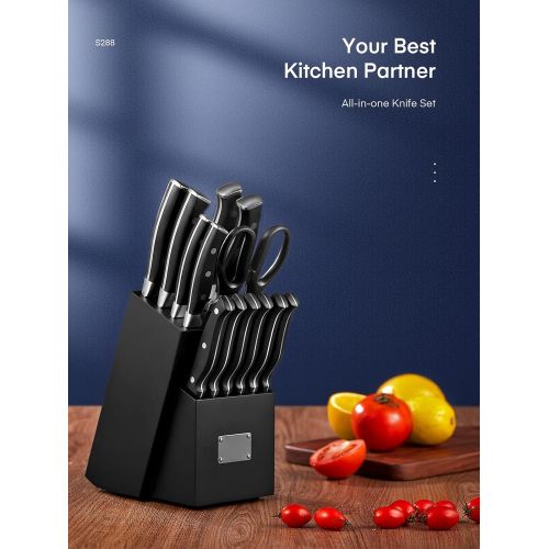  N\C Knife Set, 14PCS Stainless Steel Self Sharpening Kitchen Knife Wooden Block Set, Chef Knife, Paring Knife, Utility Knife, Bread Knife, Steak Knife Set, Black