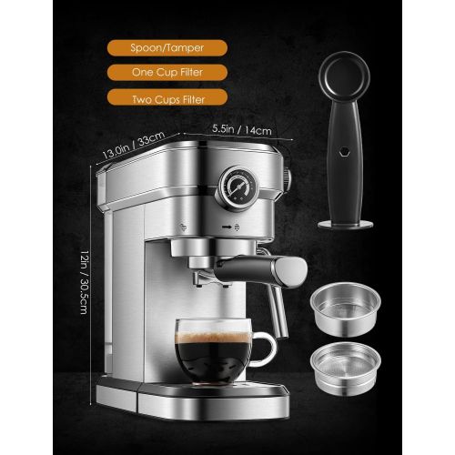  N\C Espresso Machine, 15 Bar Espresso and Cappuccino Maker with Milk Frother Wand, Built in Pressure Gauge, Double Temperature Control, Brushed Stainless Steel, Professional Espresso C