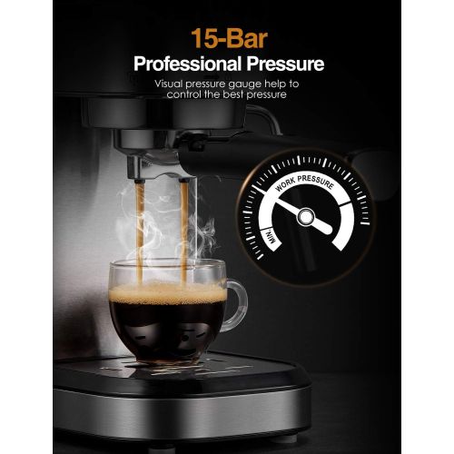  N\C Espresso Machine, 15 Bar Espresso and Cappuccino Maker with Milk Frother Wand, Built in Pressure Gauge, Double Temperature Control, Brushed Stainless Steel, Professional Espresso C