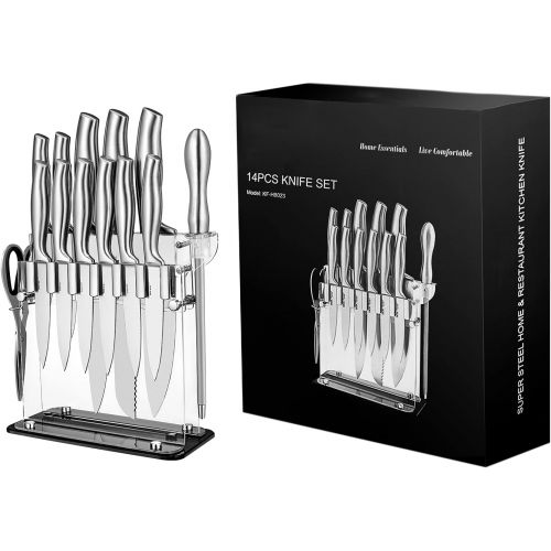  N\C Knife Set, High Carbon Stainless Steel Kitchen Knife Set 14 PCS, Super Sharp Chef Knife Set with Acrylic Stand and Serrated Steak Knives, 14PCS