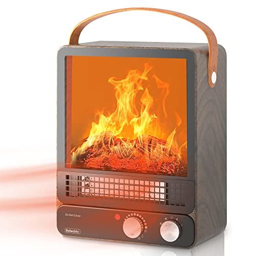  N\C Electric Portable Mini Fireplace Heater, Selectric Indoor Space Heater with Tip-Over and Overheat Safety Protection, 750W/1500W Tabletop Fireplace, Realistic 3D Flame for Office, B