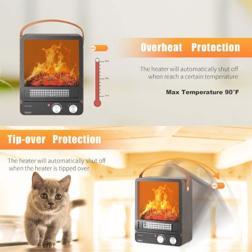  N\C Electric Portable Mini Fireplace Heater, Selectric Indoor Space Heater with Tip-Over and Overheat Safety Protection, 750W/1500W Tabletop Fireplace, Realistic 3D Flame for Office, B