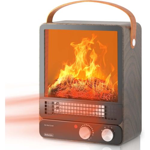  N\C Electric Portable Mini Fireplace Heater, Selectric Indoor Space Heater with Tip-Over and Overheat Safety Protection, 750W/1500W Tabletop Fireplace, Realistic 3D Flame for Office, B