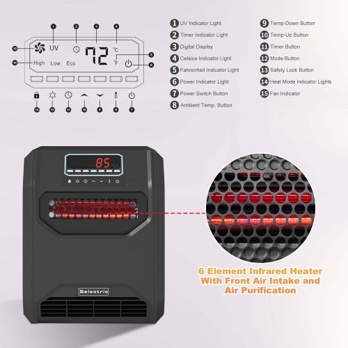  N\C Selectric Electric Space Heater for Indoor Use, Portable Infrared Space Heater with Remote, Six Infrared Quartz Heat Element for Large Room Basement Heating, with Front Air Intake