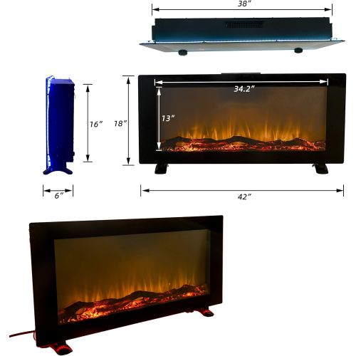  N\C 42 Wall Mounted Electric Fireplace, Fireplace Heater with Top Control and Remote Control, 10 LED Flame Colors, Overheating Protection, Timer, 1500W Black