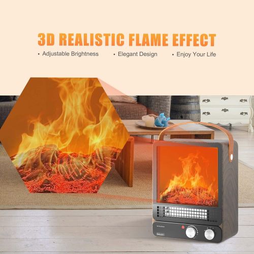  N\C Electric Portable Mini Fireplace Heater, Selectric Indoor Space Heater with Tip-Over and Overheat Safety Protection, 750W/1500W Tabletop Fireplace, Realistic 3D Flame for Office, B