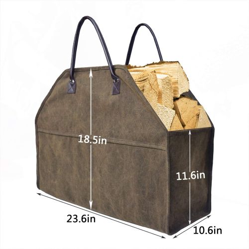  N\C NC Large Firewood Log Carrier Tote Heavy Duty Wax Canvas Log Carrier Tote,Firewood Log Carrier Tote Bag for Fireplace Stove Accessories, Water Resistant Wood Holder Indoor with Str