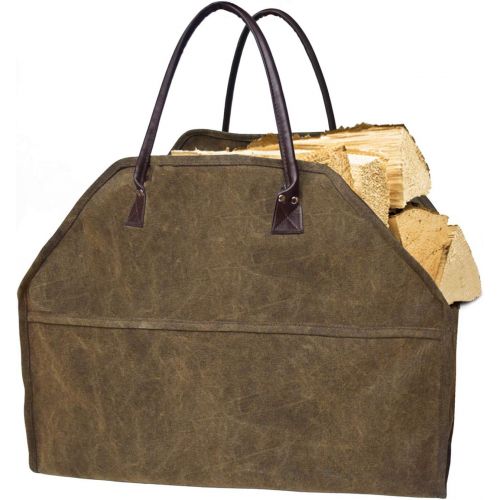  N\C NC Large Firewood Log Carrier Tote Heavy Duty Wax Canvas Log Carrier Tote,Firewood Log Carrier Tote Bag for Fireplace Stove Accessories, Water Resistant Wood Holder Indoor with Str