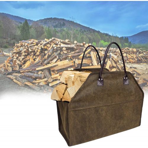  N\C NC Large Firewood Log Carrier Tote Heavy Duty Wax Canvas Log Carrier Tote,Firewood Log Carrier Tote Bag for Fireplace Stove Accessories, Water Resistant Wood Holder Indoor with Str