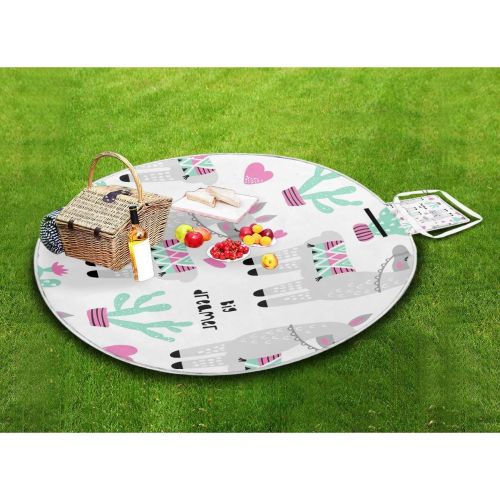 N/ A Large Picnic Outdoor Blanket - Cute Animals Llama Picnic Mat for Family Camping Beach Park, Waterproof Handle Round 59 inch