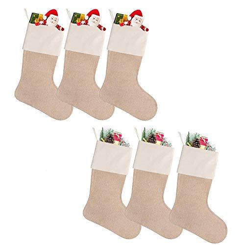  N / A TIMOBUBBLE Christmas Burlap Stockings, Xmas Fireplace Hanging Stockings, for Family Holiday Party Decorations Gift DIY Craft (13.4 inches, 6 Pieces)