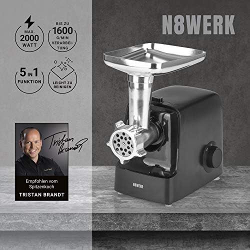  [아마존베스트]N8WERK Midnight Edition Electric Meat Mincer | Max. 2000 W | 5-in-1: for Meat, Kebbe, Vegetables, Salad, Biscuits | Flow and Return | 2 Power Levels