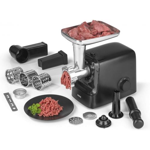  [아마존베스트]N8WERK Midnight Edition Electric Meat Mincer | Max. 2000 W | 5-in-1: for Meat, Kebbe, Vegetables, Salad, Biscuits | Flow and Return | 2 Power Levels