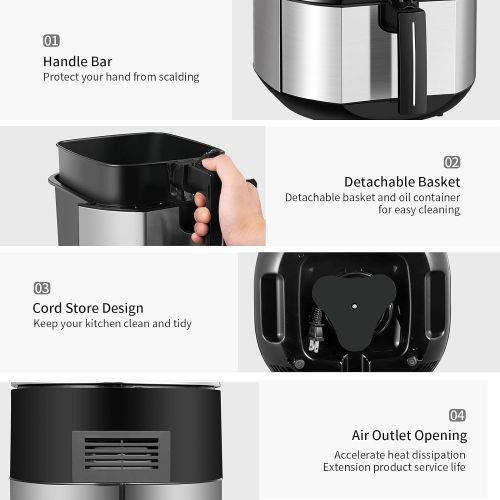  N++A Air Fryer Small with 9 Presets, Stainless Steel Air Fryers Oven Oilless Cooker, Preheat and Reheat, Nonstick Detachable Fry Basket, Dishwasher Safe, LED Touch Screen, Black,Stainle