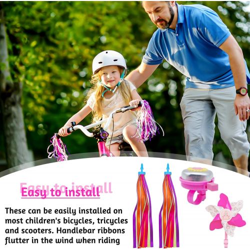  N/A 4pcs Girls Bike Decor Accessories, 2pcs Kids Bike Handle Bars Ribbons Tassels Streamers, 1pcs Child Bicycle Bell, 1pcs Cycling Scooter Windmill