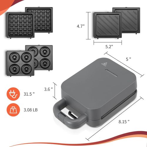  N++A Waffle Maker Mini, Sandwich with Removable Plates, Belgian Small Breakfast, Donut Maker, 3-in-1 Non-Stick, Compact Design, Keto Chaffles, Grilled Cheese, Paninis, Gray 600W, 8.15 x