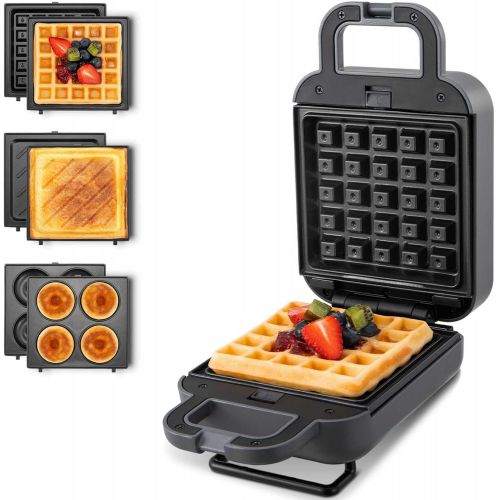  N++A Waffle Maker Mini, Sandwich with Removable Plates, Belgian Small Breakfast, Donut Maker, 3-in-1 Non-Stick, Compact Design, Keto Chaffles, Grilled Cheese, Paninis, Gray 600W, 8.15 x