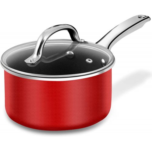  N++A Nonstick Saucepan with Lid, Cooking Pans 2.5 Quart, PFOA Free Induction Pan, Suitable for Gas, Electric, Induction Cooktops, Dishwasher Safe, Red