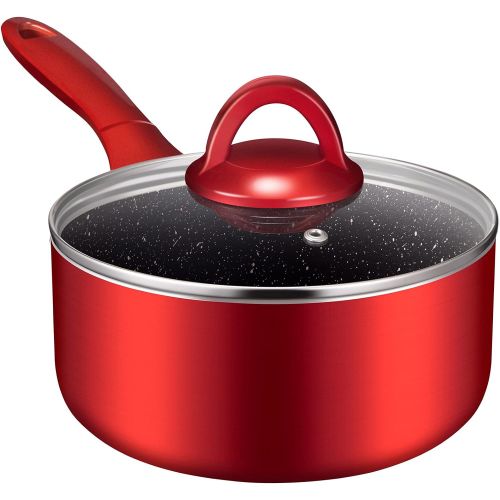  N++A Saucepan with Lid 2 quart, Nonstick Sauce Pans for All Stoves, 100% Non-toxic Small Pot, Red Saucier, Dishwasher Safe, Induction