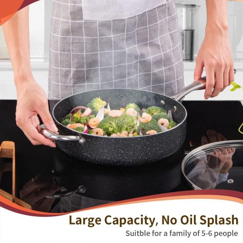  N++A Saute Pan 11-inch, Nonstick Deep Frying Pan with Lid 5 Qt, Stone-Derived Coating Skillet, Induction Compatible, Black