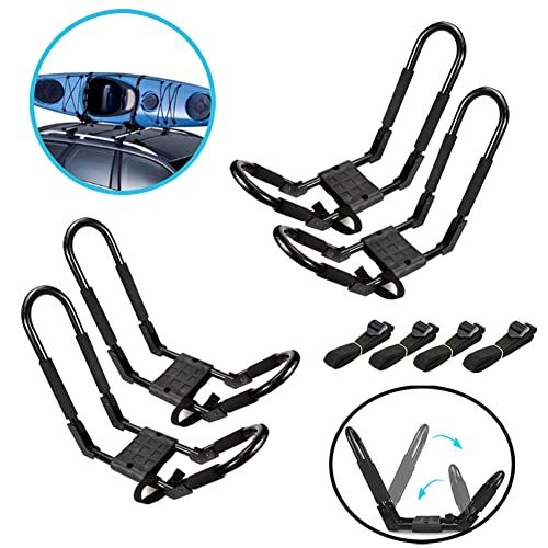  N-A 2 Pairs Kayak Roof Rack J-Bar Rack Foldable Multi-Function Roof Racks for Kayak Board, Canoe, SUP Surf Ski Installed on The Top Crossbar of Car SUV Truck - with 4 Lashing Strap