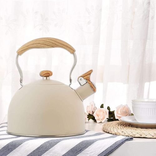  NADAENMF Tea Kettle for Stovetop Food Grade Stainless Steel Whistling Tea Kettle with 2.5L Ergonomic Heat Resistant Handle, Anti scalding Wood Grain, Reversible Nozzle Cover Tea Ke