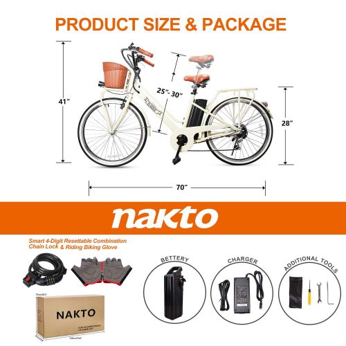  NAKTO Electric Bicycle Fat Tire Mountain EBike Removable Waterproof Large Capacity 36V/48V/10A Lithium Battery and Charger with 22/26 250W/300W/350W Brushless Gear Motor