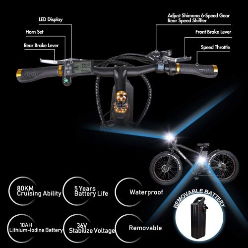  NAKTO Electric Bicycle Fat Tire Mountain EBike Removable Waterproof Large Capacity 36V/48V/10A Lithium Battery and Charger with 22/26 250W/300W/350W Brushless Gear Motor