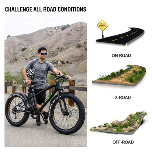  NAKTO Electric Bicycle Fat Tire Mountain EBike Removable Waterproof Large Capacity 36V/48V/10A Lithium Battery and Charger with 22/26 250W/300W/350W Brushless Gear Motor