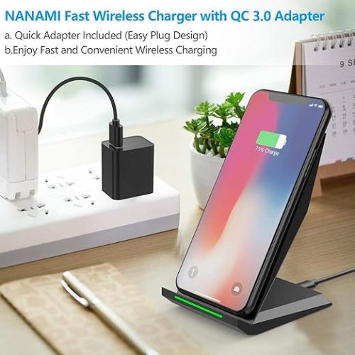  NANAMI Fast Wireless Charger with USB Phone Charger, Qi Certified Charging Stand with QC3.0 Adapter 7.5W Compatible iPhone 15/14/13/12/11,10W for Samsung Galaxy S24/S23/S22/S21/S20/S10/Note 20