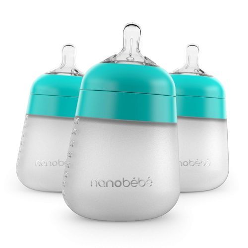  NANOBEEBEE Nanobebe Flexy Silicone Baby Bottles, Anti-Colic, Natural Feel, Non-Collapsing Nipple, Non-Tip Stable Base, Easy to Clean - 3-Pack, Teal, 9 oz