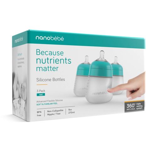  NANOBEEBEE Nanobebe Flexy Silicone Baby Bottles, Anti-Colic, Natural Feel, Non-Collapsing Nipple, Non-Tip Stable Base, Easy to Clean - 3-Pack, Teal, 9 oz