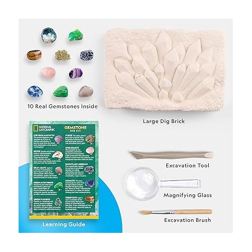  NATIONAL GEOGRAPHIC Super Gemstone Dig Kit - Excavation Gem Kit with 10 Real Gemstones for Kids, Discover Gems with Dig Tools & Magnifying Glass, Science Kits for Kids Age 8-12, Crystals for Kids