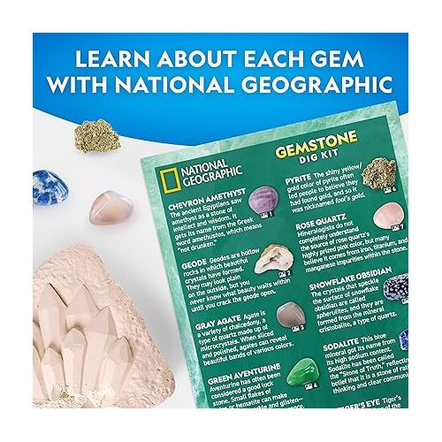  NATIONAL GEOGRAPHIC Super Gemstone Dig Kit - Excavation Gem Kit with 10 Real Gemstones for Kids, Discover Gems with Dig Tools & Magnifying Glass, Science Kits for Kids Age 8-12, Crystals for Kids