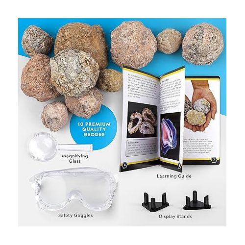  NATIONAL GEOGRAPHIC Break Open 10 Premium Geodes - Includes Goggles and Display Stands - Great STEM Science Kit, Geology Gift for Kids, Geodes Rocks Break Your Own, Toys for Boys and Girls