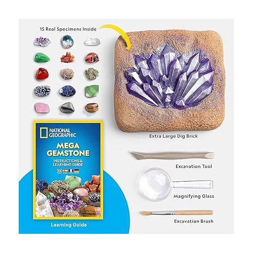  NATIONAL GEOGRAPHIC Mega Dig Kit - Dig Up 15 Real Gemstones and Crystals, Science Kit for Kids, Gift for Girls and Boys