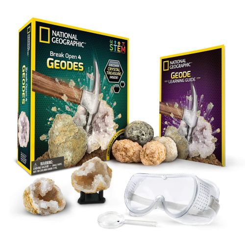  NATIONAL GEOGRAPHIC Break Open 4 Geodes Science Kit  Includes Goggles, Detailed Learning Guide and Display Stand - Great STEM Science gift for Mineralogy and Geology enthusiasts o