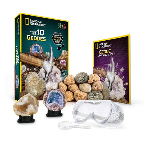  NATIONAL GEOGRAPHIC National Geographic Break Open 10 Premium Geodes  Includes Goggles, Detailed Learning Guide & 2 Display Stands - Great Stem Science Gift for Mineralogy & Geology Enthusiasts of An