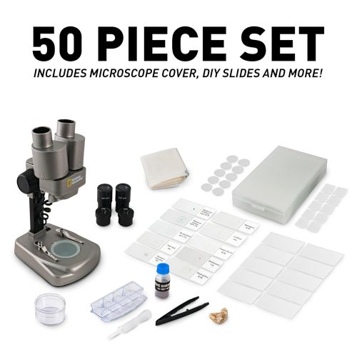  NATIONAL GEOGRAPHIC Dual LED Student Microscope  50+ pc Science Kit Includes Set of 10 Prepared Biological & 10 Blank Slides, Lab Shrimp Experiment, 10x-25x Optical Glass Lenses a