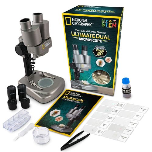  NATIONAL GEOGRAPHIC Dual LED Student Microscope  50+ pc Science Kit Includes Set of 10 Prepared Biological & 10 Blank Slides, Lab Shrimp Experiment, 10x-25x Optical Glass Lenses a