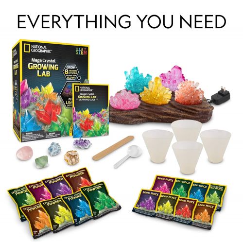  NATIONAL GEOGRAPHIC Mega Crystal Growing Lab - 8 Vibrant Colored Crystals To Grow with Light-Up Display Stand & Guidebook - Includes 5 Real Gemstone Specimens Including Amethyst &