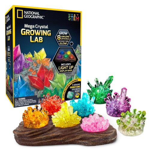  NATIONAL GEOGRAPHIC Mega Crystal Growing Lab - 8 Vibrant Colored Crystals To Grow with Light-Up Display Stand & Guidebook - Includes 5 Real Gemstone Specimens Including Amethyst &