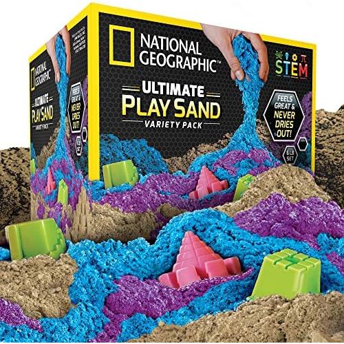  [아마존베스트]NATIONAL GEOGRAPHIC Play Sand Combo Pack - 2 LBS each of Blue, Purple and Natural Sand with Castle Molds - A Kinetic Sensory Activity