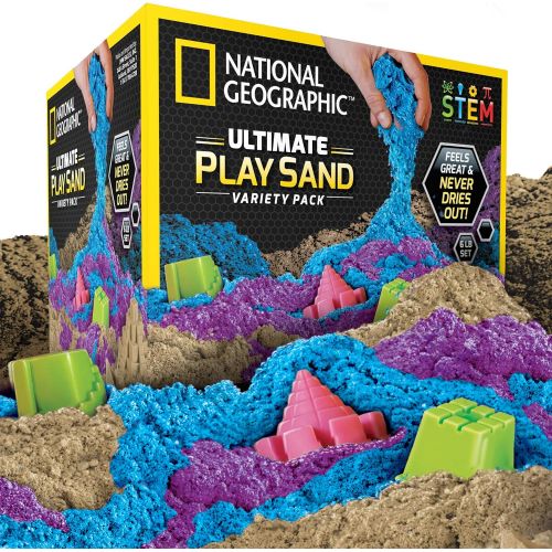  [아마존베스트]NATIONAL GEOGRAPHIC Play Sand Combo Pack - 2 LBS each of Blue, Purple and Natural Sand with Castle Molds - A Kinetic Sensory Activity