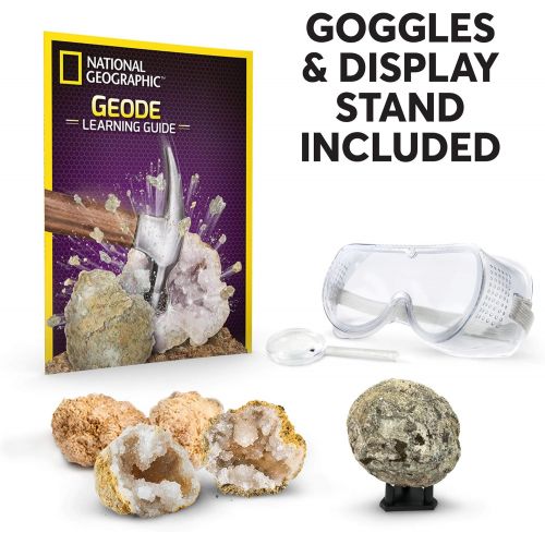  [아마존베스트]NATIONAL GEOGRAPHIC Break Open 4 Geodes Science Kit  Includes Goggles, Detailed Learning Guide and Display Stand - Great STEM Science gift for Mineralogy and Geology enthusiasts o