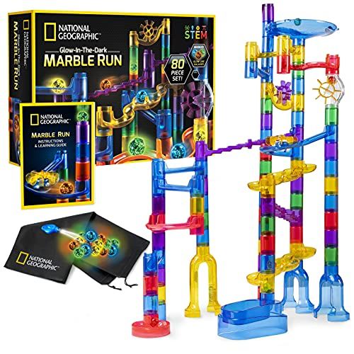  NATIONAL GEOGRAPHIC Glowing Marble Run  80 Piece Construction Set with 15 Glow-in-the-Dark Glass Marbles, Mesh Storage Bag and Marble Pouch, Great Creative STEM Toy for Girls and